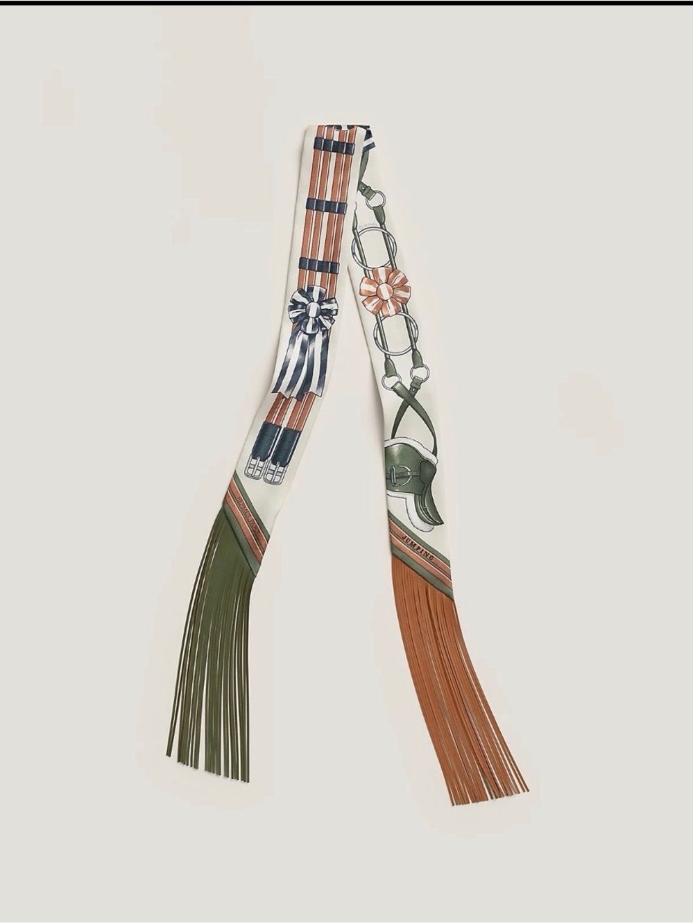 Hermes Green, Brown & Cream Fringed Silk Ribbon Scarf